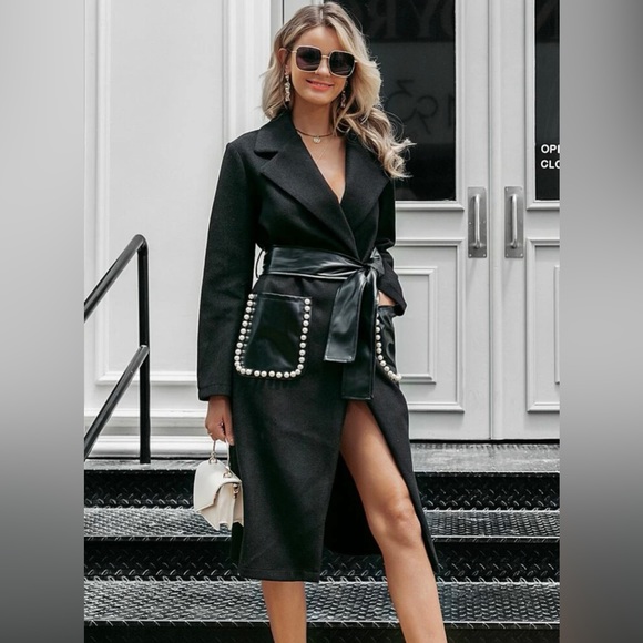 New Belted Wrap Coat With Pearls and Leather Look Pockets - Picture 6 of 8